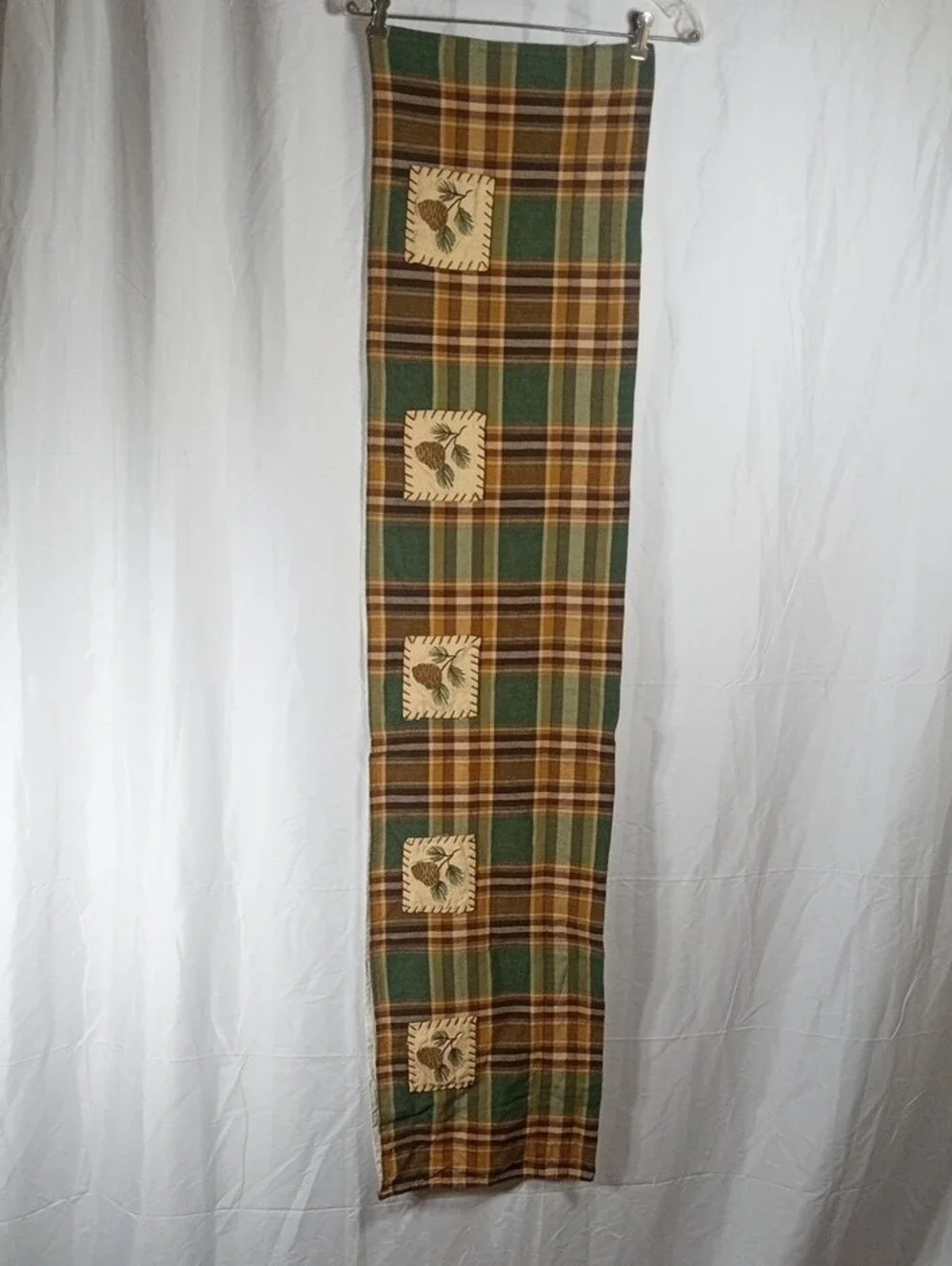 Green and Brown Plaid Decorative Valance With Pine Cones And Needles Appliqués